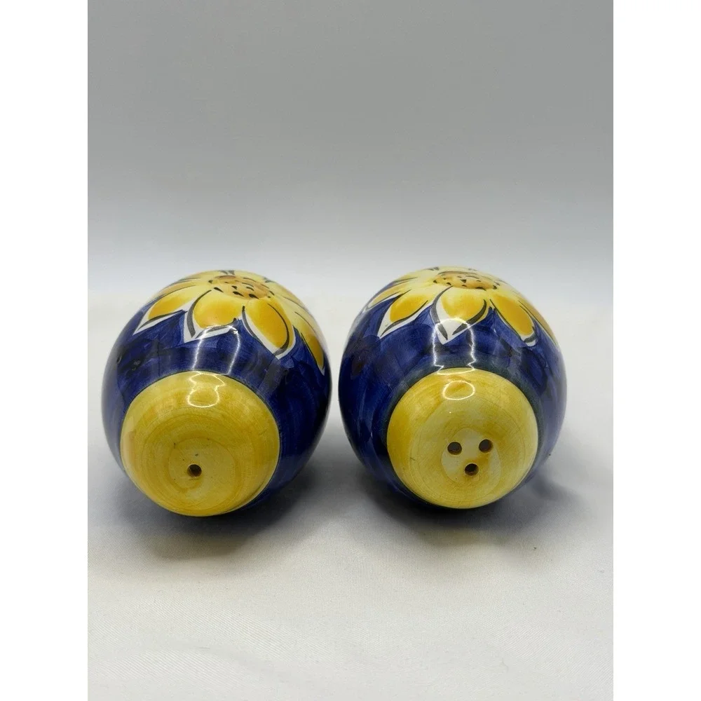 Salt and Pepper Shakers Royal Blue Ceramic w/ Yellow Sunflowers